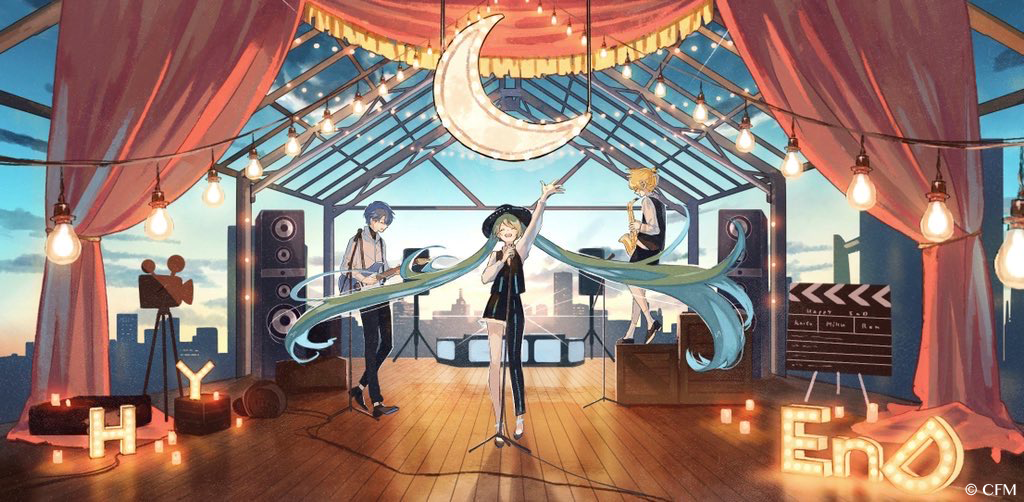 1girl, 2boys, aky_ami, arm_up, asymmetrical_legwear, black_headwear, blonde_hair, blue_hair, camera, candle, carrying_over_shoulder, cityscape, clapperboard, commentary_request, crescent_moon, curtains, closed_eyes, green_hair, guitar, happy_end_(vocaloid), hat, hatsune_miku, holding, holding_microphone, instrument, kagamine_len, kaito_(vocaloid), light_bulb, microphone, microphone_stand, moon, multiple_boys, music, open_mouth, outstretched_arm, playing_instrument, saxophone, shadow, singing, smile, speaker, string_of_light_bulbs, sunrise, trumpet, twintails, vocaloid, wide_shot, wooden_floor