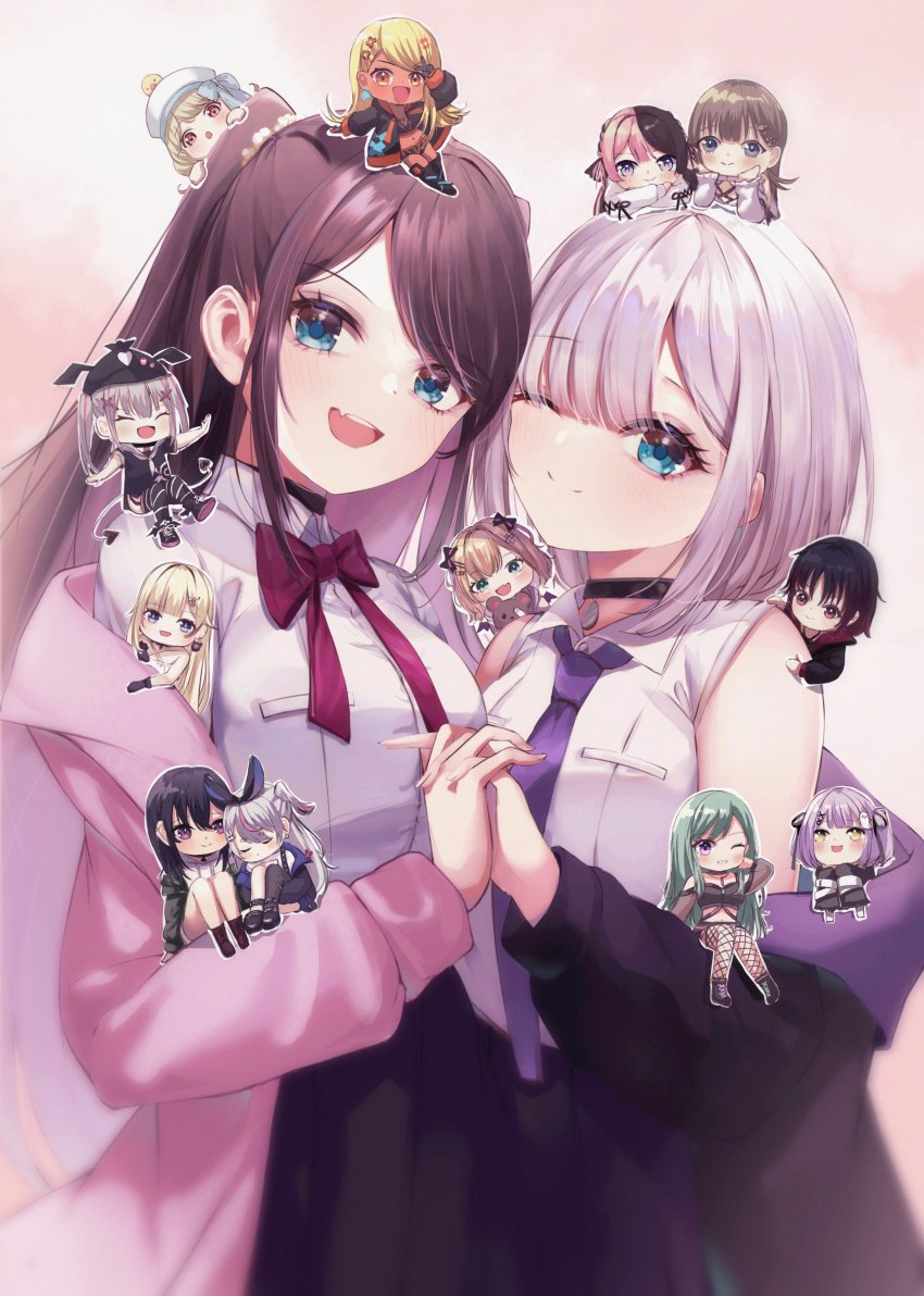 6+girls, absurdres, aizawa_ema, animal, animal_on_head, baby_animal, bird, bird_on_head