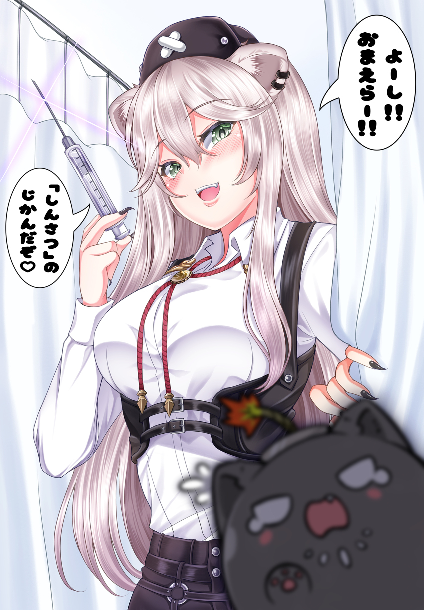 1girl, absurdres, animal_ears, black_shorts, blush, breasts, claws, collared_shirt