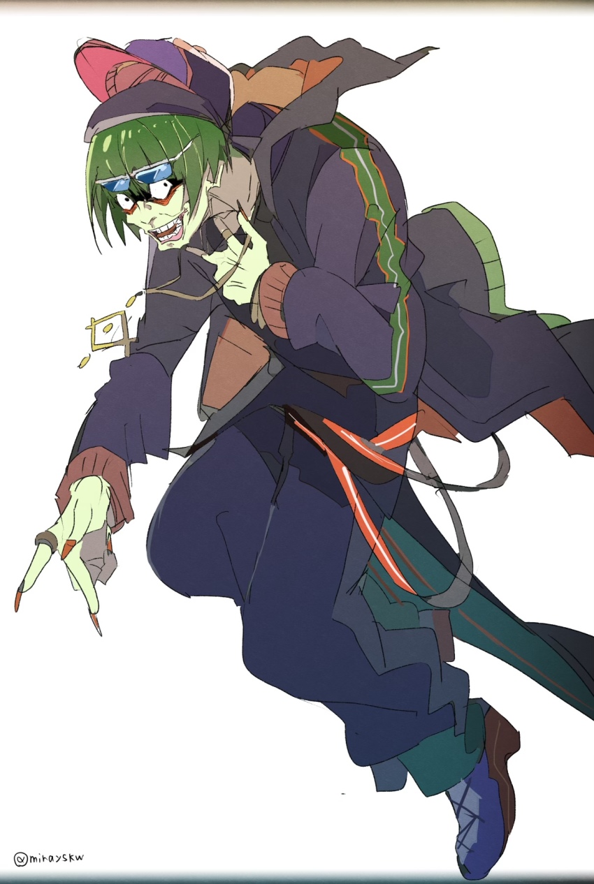 1boy, alternate_costume, bad_id, bad_pixiv_id, cloak, colored_skin, eyewear_on_head, green_hair