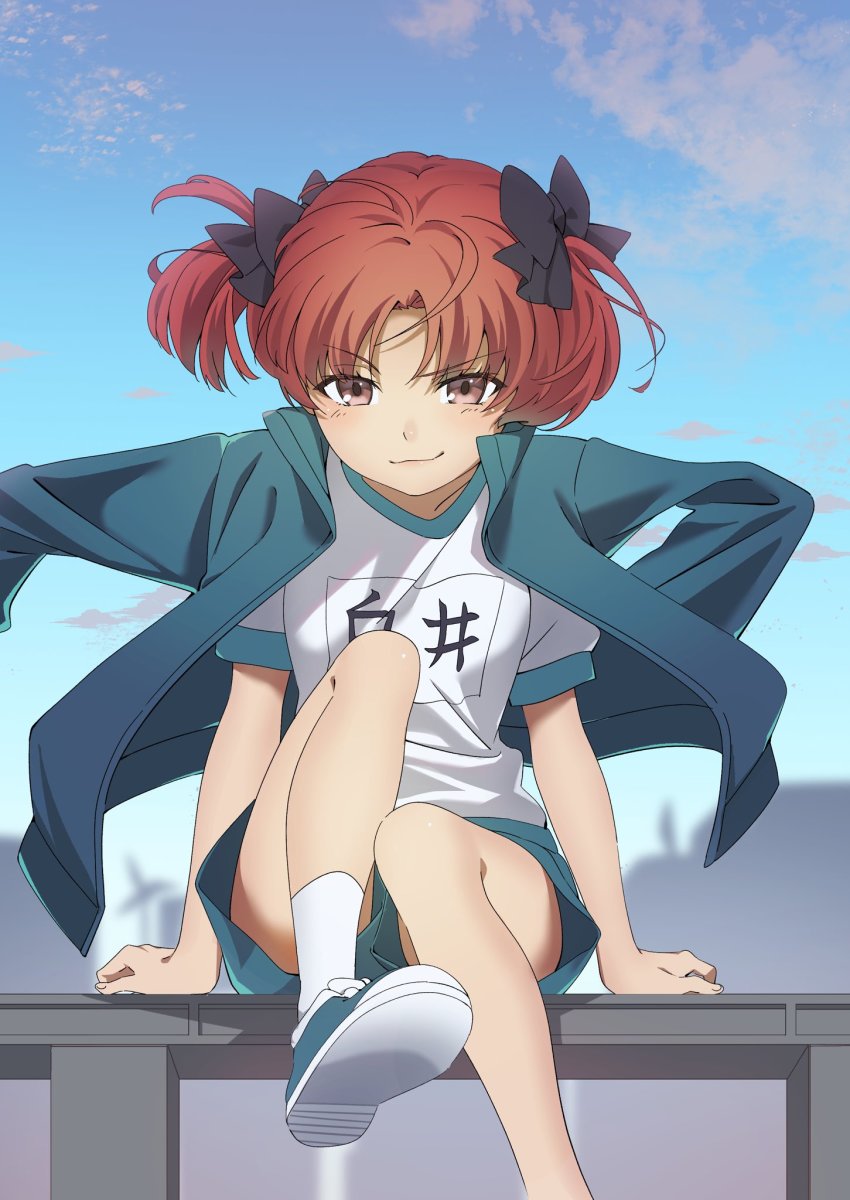 1girl, aged_down, blouse, blue_shorts, blush, bow, breasts, brown_eyes