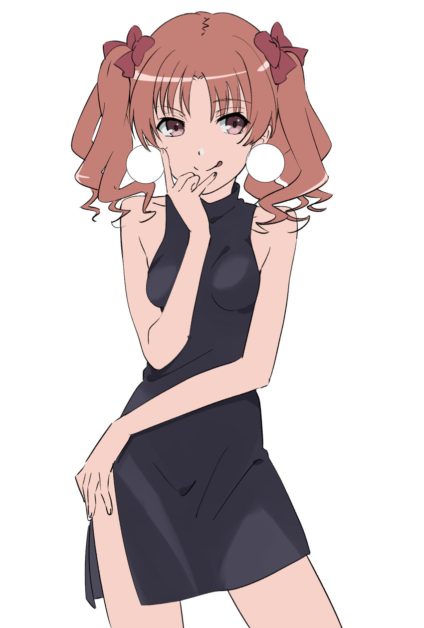 1girl, bad_id, bad_twitter_id, bare_shoulders, black_dress, blush, bow, breasts