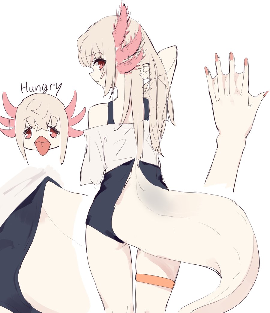 1girl, axolotl, clothing_cutout, colored_skin, female_focus, from_behind, gills, long_hair