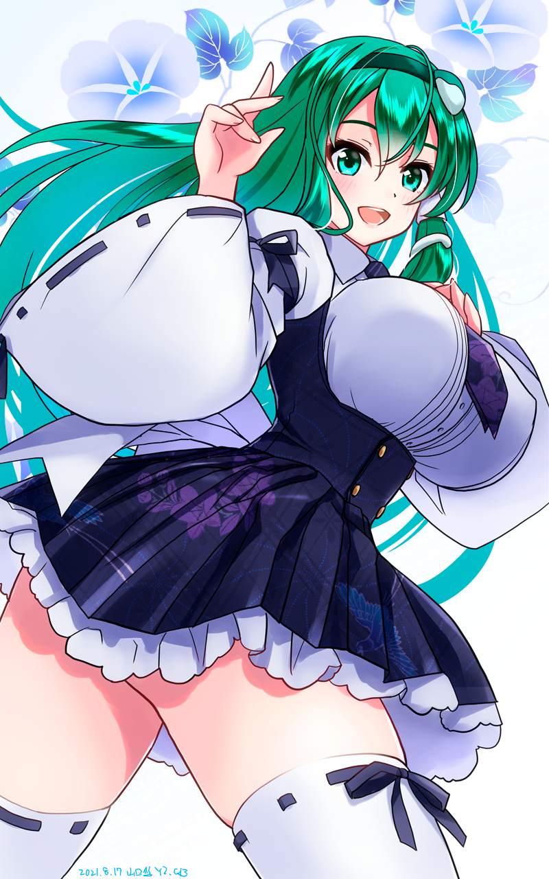 1girl, :d, adapted_costume, blue_necktie, breasts, collared_shirt, cowboy_shot, detached_sleeves