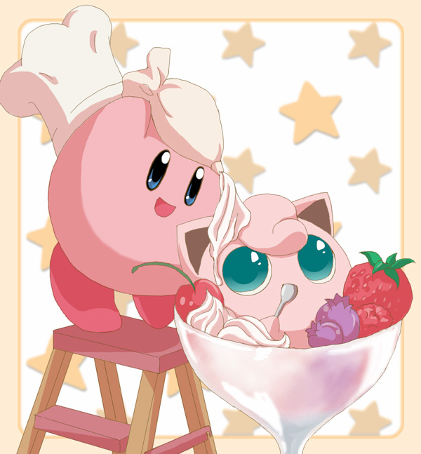 aqua_eyes, bad_food, blue_eyes, blueberry, chef_hat, cherry, cook_kirby, creature_as_food