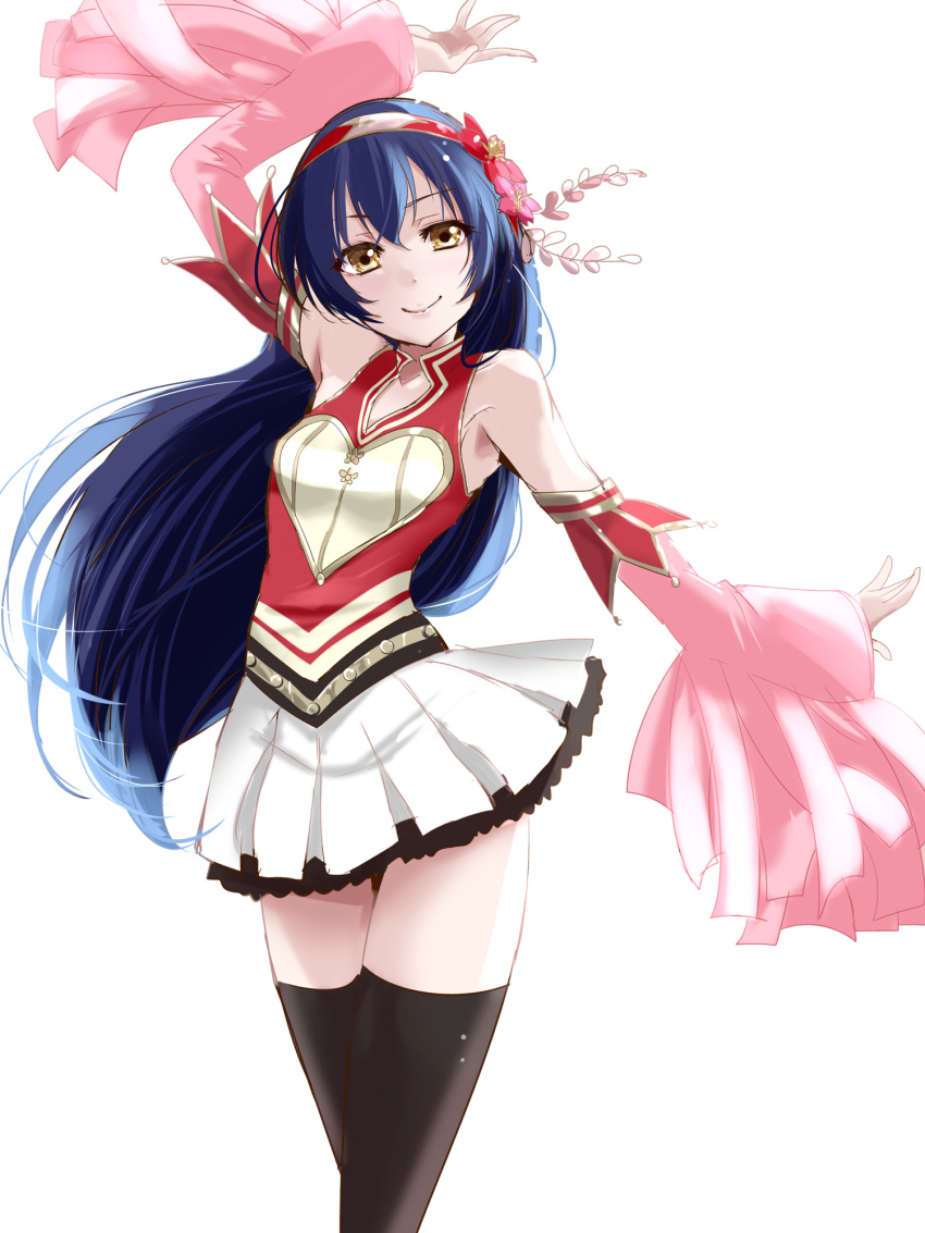 1girl, arm_up, black_thighhighs, blue_hair, commentary_request, cosplay, cowboy_shot, detached_sleeves