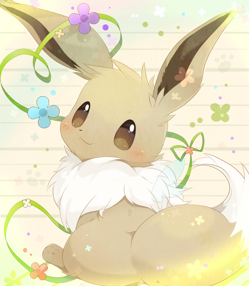 blush, brown_eyes, closed_mouth, commentary_request, eevee, gen_1_pokemon, green_ribbon, highres