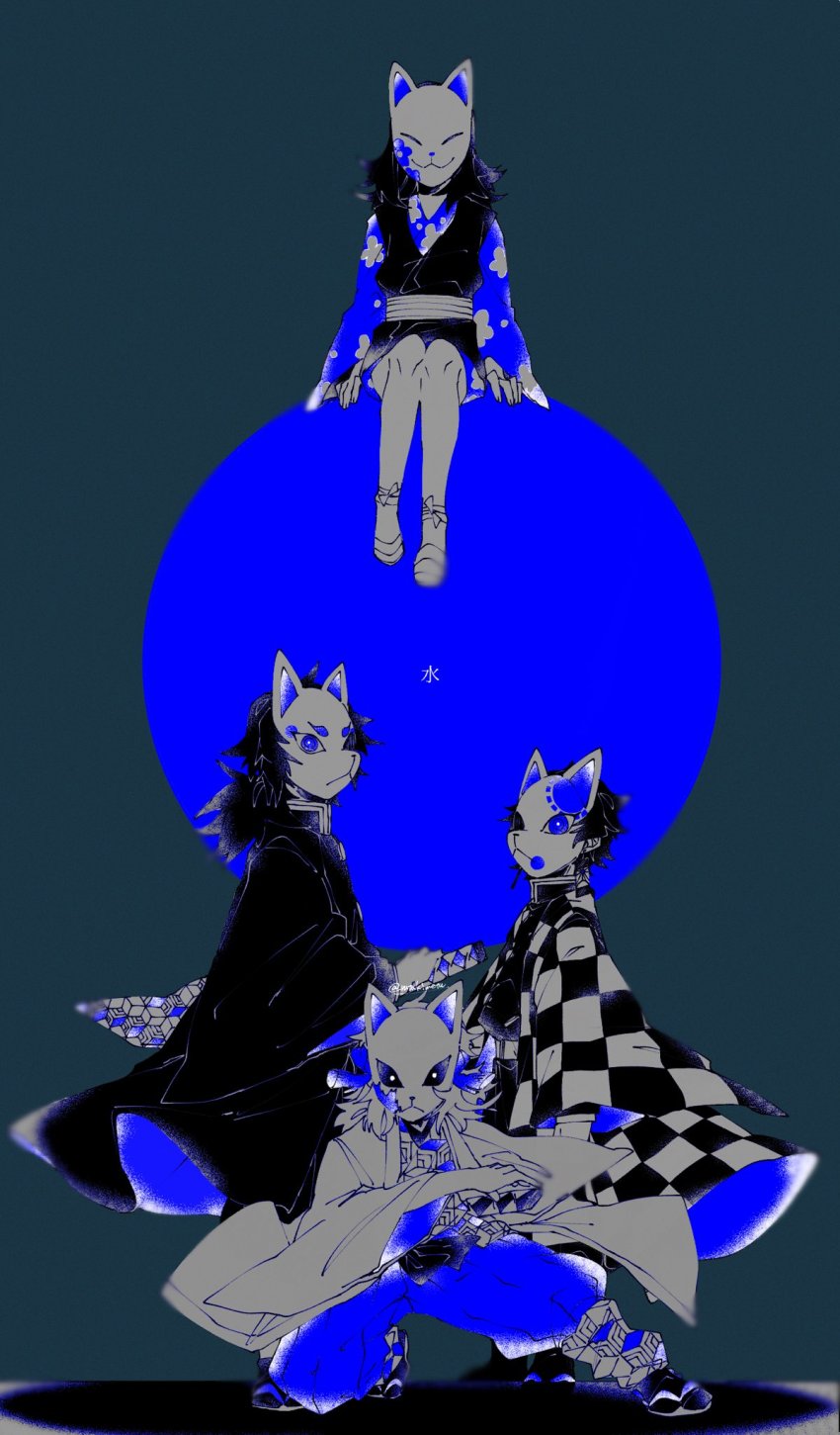 1girl, 3boys, belt, black_hair, blood, bloody_weapon, blue_theme, checkered_haori, covered_face, dripping, earrings, facing_viewer, fighting_stance, flip-flops, floral_print, flower, fox_mask, from_side, full_moon, hand_on_hilt, haori, highres, japanese_clothes, jewelry, kamado_tanjirou, kimetsu_no_yaiba, kimono, leg_wrap, long_hair, long_sleeves, looking_at_viewer, makomo_(kimetsu), male_focus, mask, medium_hair, monochrome, moon, multiple_boys, on_one_knee, outstretched_leg, pants, pink_flower, ready_to_draw, rutu, sabito_(kimetsu), sandals, short_kimono, simple_background, sitting, standing, sword, tabi, tomioka_giyuu, weapon, zouri