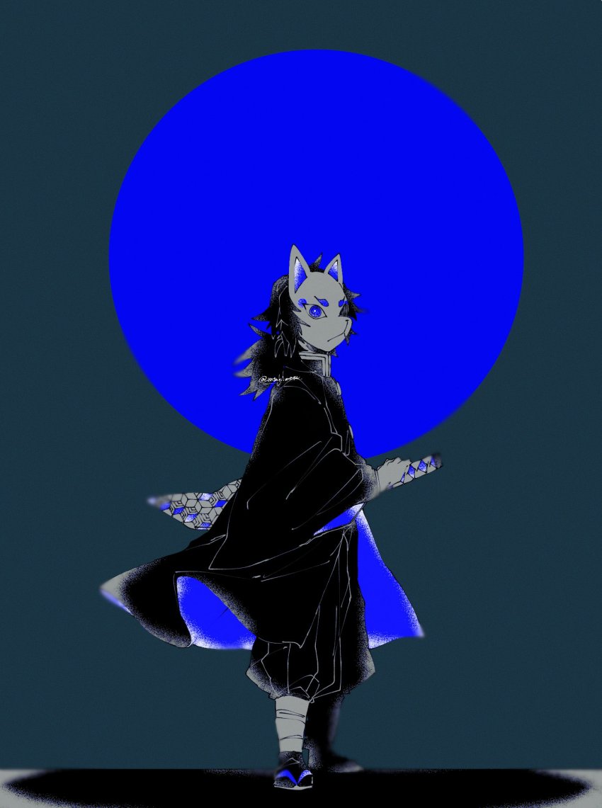1boy, belt, black_hair, blue_theme, covered_face, facing_viewer, fox_mask, from_side