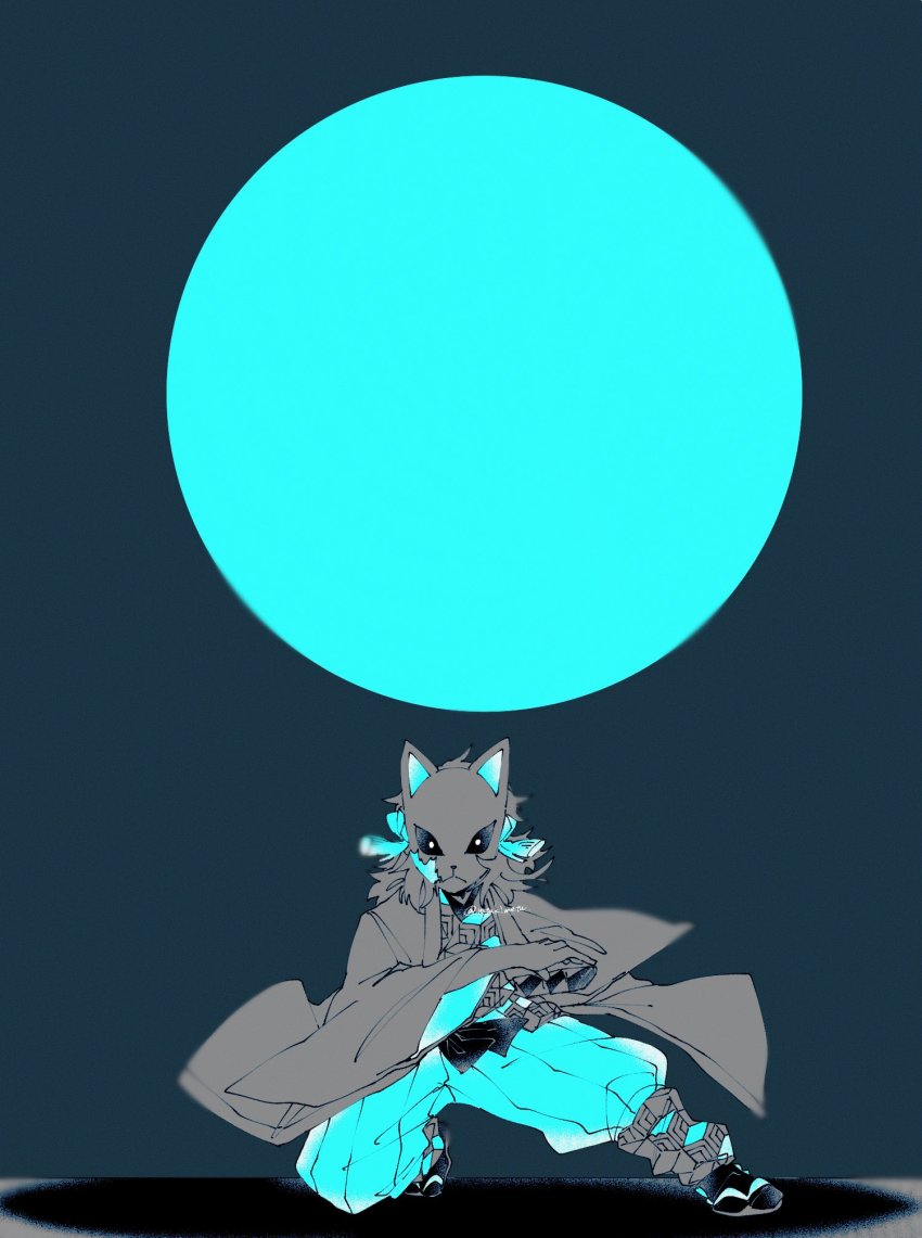 1boy, aqua_theme, belt, covered_face, facing_viewer, fighting_stance, fox_mask, full_moon