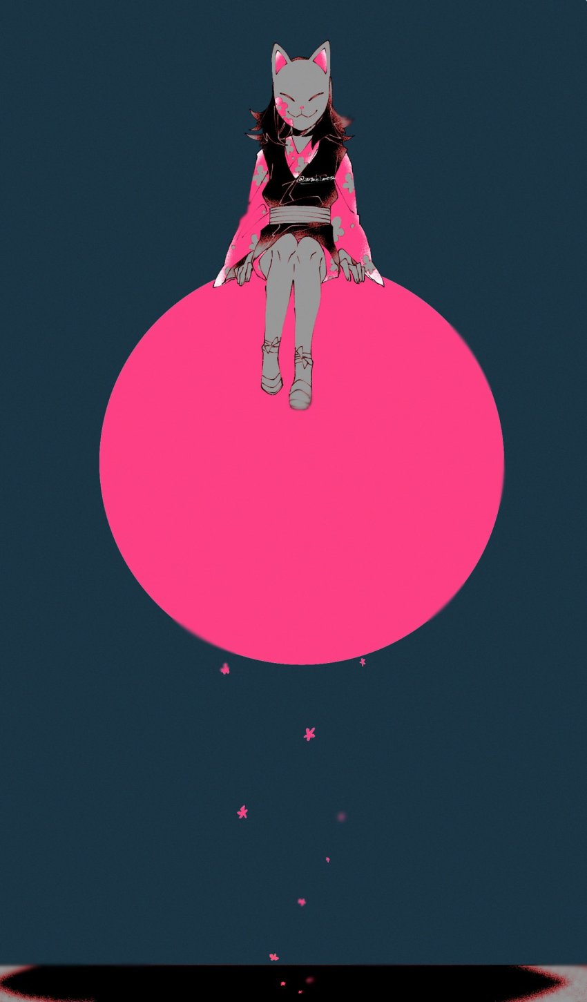 1girl, belt, covered_face, facing_viewer, flip-flops, floral_print, flower, fox_mask