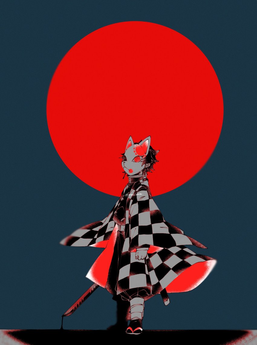 1boy, belt, blood, bloody_weapon, checkered_haori, covered_face, dripping, earrings, fox_mask, from_side, full_moon, haori, highres, japanese_clothes, jewelry, kamado_tanjirou, kimetsu_no_yaiba, leg_wrap, long_sleeves, looking_at_viewer, male_focus, mask, monochrome, moon, pants, red_theme, rutu, sandals, simple_background, solo, standing, sword, tabi, weapon, zouri