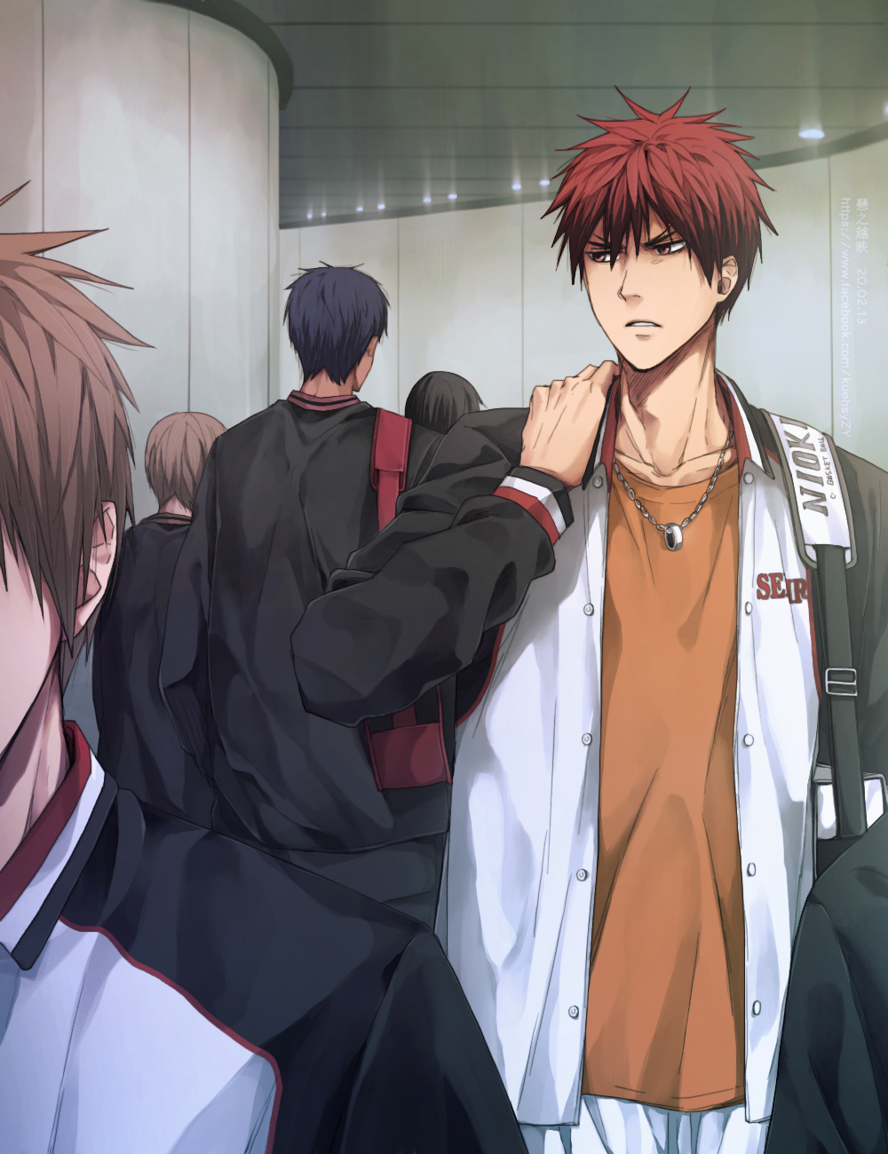6+boys, aomine_daiki, back, bag, black_hair, brown_hair, chinese_commentary, dark-skinned_male