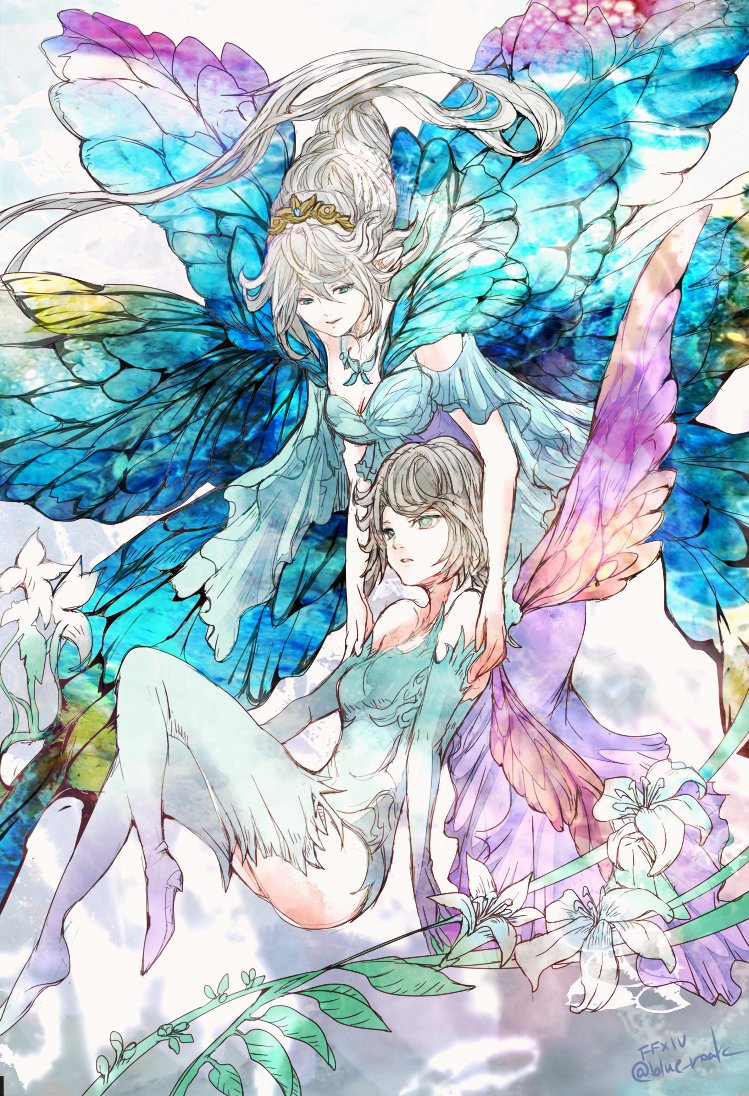 2girls, an_lad, bare_shoulders, blue_eyes, breasts, butterfly_wings, cleavage, elbow_gloves, fairy, fairy_wings, final_fantasy, final_fantasy_xiv, gloves, grey_hair, hair_between_eyes, insect_wings, looking_at_another, medium_breasts, multiple_girls, pointy_ears, ruka_(blueplus84), small_breasts, thighhighs, tiara, time_paradox, titania_(final_fantasy), wings