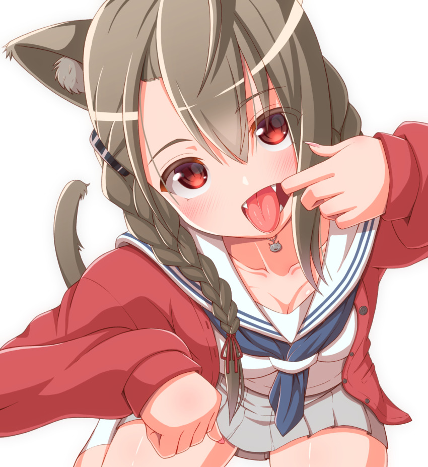 1girl, ahoge, animal_ears, blue_neckerchief, blush, braid, breasts, brown_hair, cardigan, cat_day, cat_ears, cat_girl, cat_tail, cleavage, collarbone, fangs, female_focus, finger_in_own_mouth, french_braid, grey_skirt, hair_between_eyes, highres, indie_virtual_youtuber, kusunoki_shio, long_hair, looking_at_viewer, low_twin_braids, medium_breasts, miniskirt, mouth_pull, nail_polish, neckerchief, nekojima4040, open_mouth, pink_nails, pleated_skirt, red_cardigan, red_eyes, sailor_collar, shirt, simple_background, skirt, slit_pupils, solo, tail, teeth, tongue, tongue_out, transparent_background, twin_braids, virtual_youtuber, white_background, white_sailor_collar, white_shirt