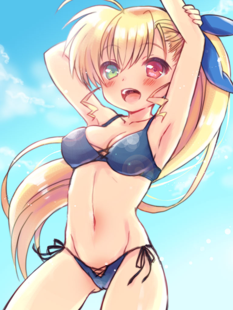 1girl, armpits, arms_up, bikini, black_bikini, blonde_hair, blue_ribbon, blue_sky