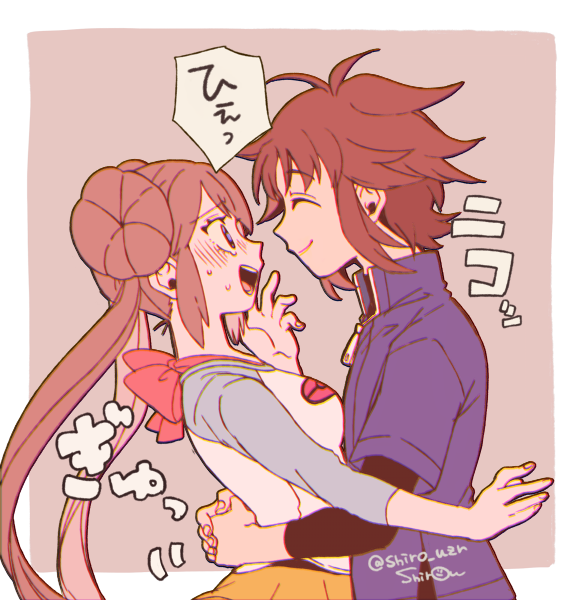 1boy, 1girl, :d, blush, border, breasts, closed_eyes, closed_mouth