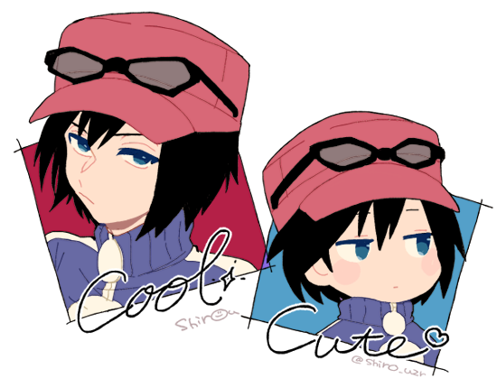 1boy, black_hair, blue_eyes, blue_jacket, calem_(pokemon), closed_mouth, commentary_request, eyewear_on_headwear