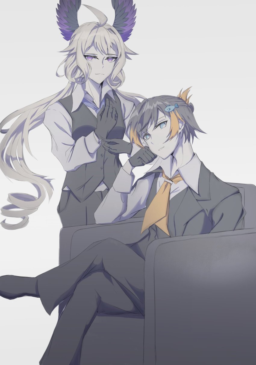 2girls, black_gloves, black_jacket, black_pants, black_vest, blonde_hair, brown_hair, clenched_hand, collared_shirt, commentary, english_commentary, enna_alouette, fish_hair_ornament, gloves, hair_ornament, head_tilt, head_wings, highres, jacket, lei_(mcrtj00), looking_at_viewer, multicolored_hair, multiple_girls, necktie, nijisanji, nijisanji_en, orange_hair, pants, petra_gurin, purple_eyes, shirt, short_hair, smile, streaked_hair, vest, virtual_youtuber, white_shirt, wings, yellow_necktie