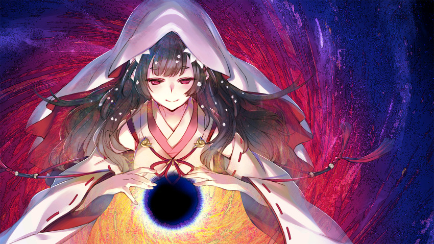 1girl, aquaplus, black_hair, black_hole, breasts, closed_mouth, eyelashes, flower, flower_on_head, game_cg, highres, hood, japanese_clothes, kawata_hisashi, long_hair, long_sleeves, looking_down, medium_breasts, miko, official_art, orishiro, purple_eyes, shaded_face, sidelocks, sleeveless, smile, solo, upper_body, utawarerumono, utawarerumono:_lost_flag, very_long_hair, wavy_hair, wide_sleeves