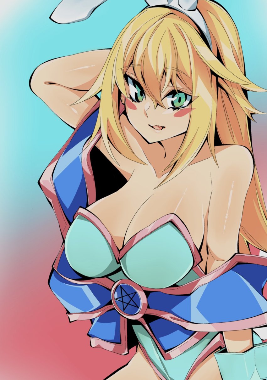 1girl, animal_ears, aqua_background, arm_behind_head, bare_shoulders, blonde_hair, blush_stickers, breasts