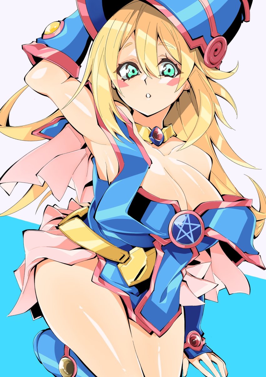1girl, arm_behind_head, armpits, bare_shoulders, blonde_hair, blue_background, blue_boots, blush_stickers, boots, breasts, daiou_medama, dark_magician_girl, duel_monster, feet_out_of_frame, green_eyes, hair_between_eyes, highres, large_breasts, long_hair, looking_at_viewer, off_shoulder, solo, two-tone_background, white_background, yu-gi-oh!, yu-gi-oh!_duel_monsters