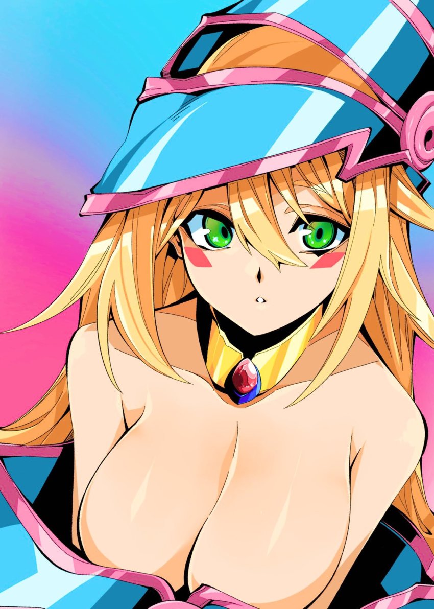 1girl, bare_shoulders, blonde_hair, blue_background, blue_hat, blush_stickers, breasts, daiou_medama, dark_magician_girl, duel_monster, gradient_background, green_eyes, hair_between_eyes, hat, highres, large_breasts, long_hair, looking_at_viewer, off_shoulder, parted_lips, pink_background, shadow, solo, wizard_hat, yu-gi-oh!, yu-gi-oh!_duel_monsters