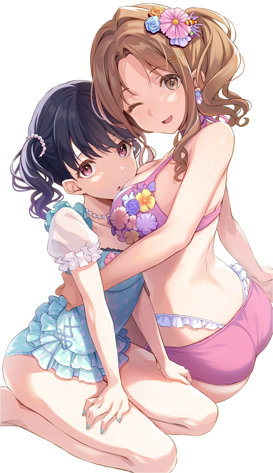 2girls, :d, :o, arm_support, ass, back, bare_legs, bare_shoulders