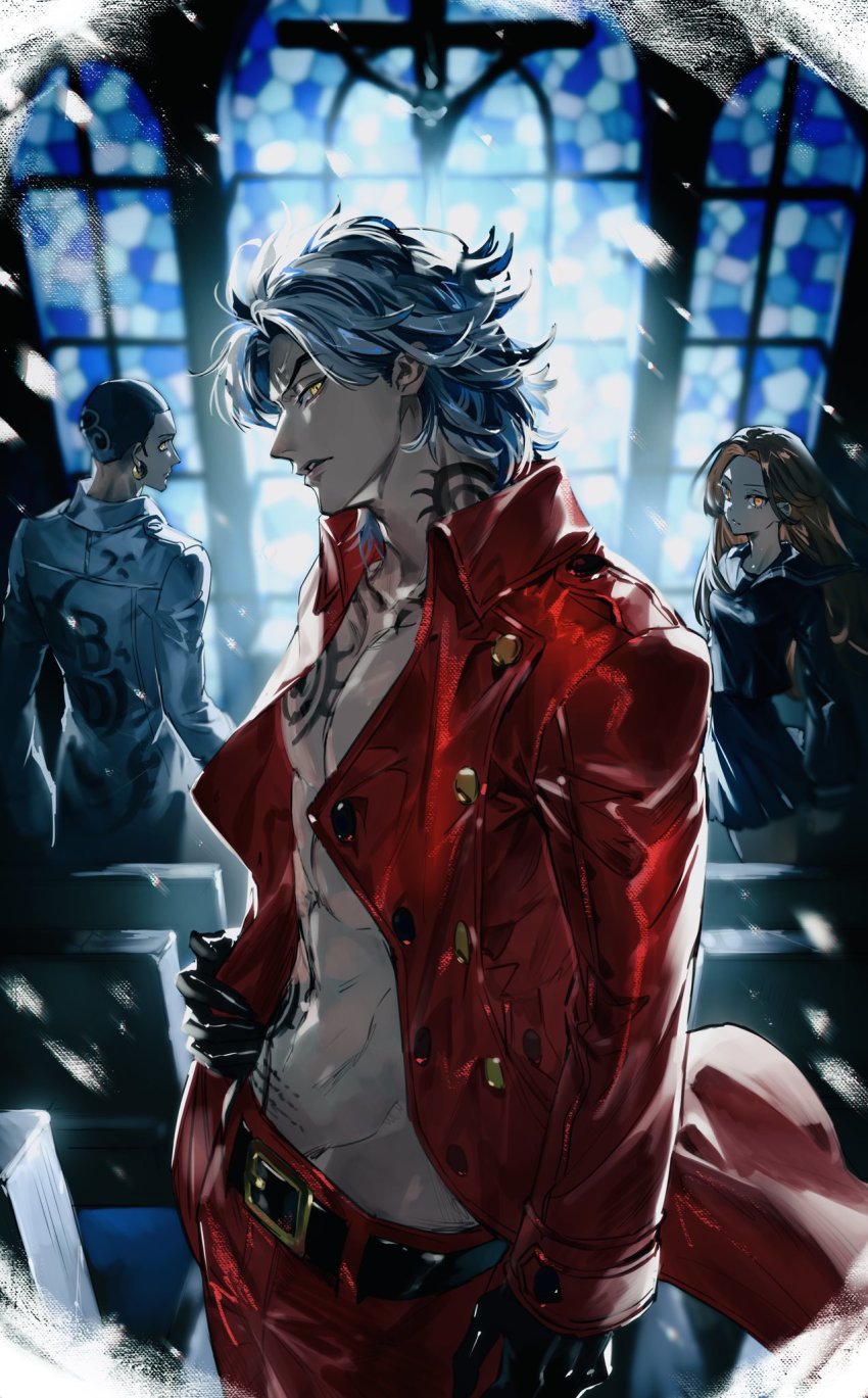 1girl, 2boys, abs, bikkusama, black_gloves, black_pants, black_serafuku, black_shirt