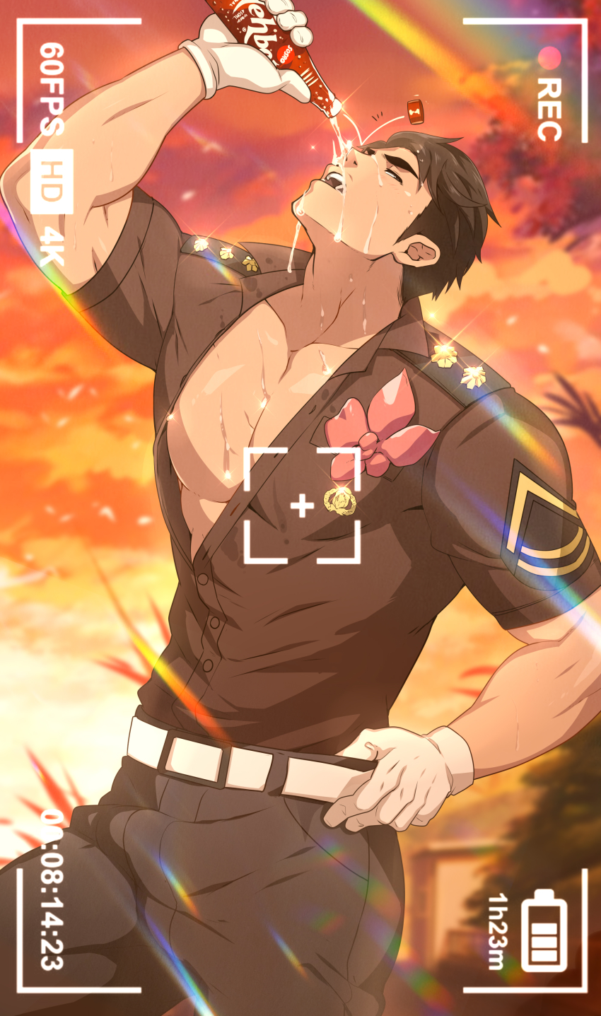 1boy, absurdres, axis_powers_hetalia, bara, belt, black_hair, black_pants, bottle, buttons, drinking, gloves, highres, holding, holding_bottle, indonesia_(hetalia), large_pectorals, looking_at_viewer, male_focus, mazjojo, muscular, muscular_male, nipple_slip, nipples, open_mouth, outdoors, pants, partially_unbuttoned, pectorals, pouring, pouring_onto_self, recording, shirt, short_hair, solo, sunset, viewfinder, wet, wet_clothes, white_belt, white_gloves, white_shirt