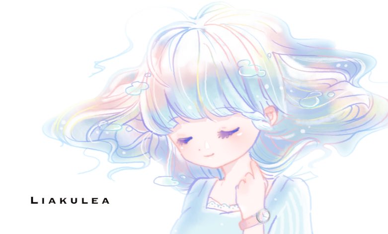 1girl, blush, closed_eyes, copyright_name, floating_hair, hand_up, lia_kulea, original, portrait, simple_background, smile, solo, ushihito, watch, white_background, white_hair, wristwatch