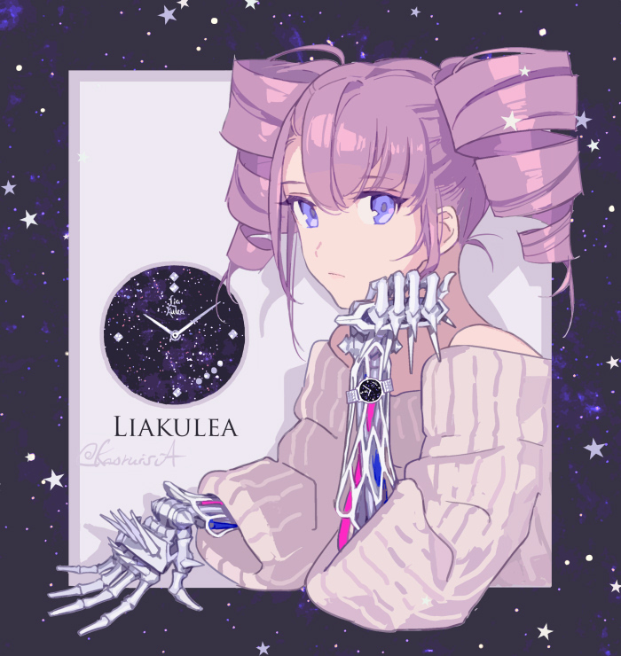 1girl, bare_shoulders, copyright_name, drill_hair, lia_kulea, long_sleeves, looking_at_viewer, off-shoulder_sweater