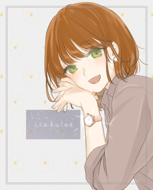 1girl, blush, brown_hair, collared_shirt, copyright_name, earrings, glowing, green_eyes