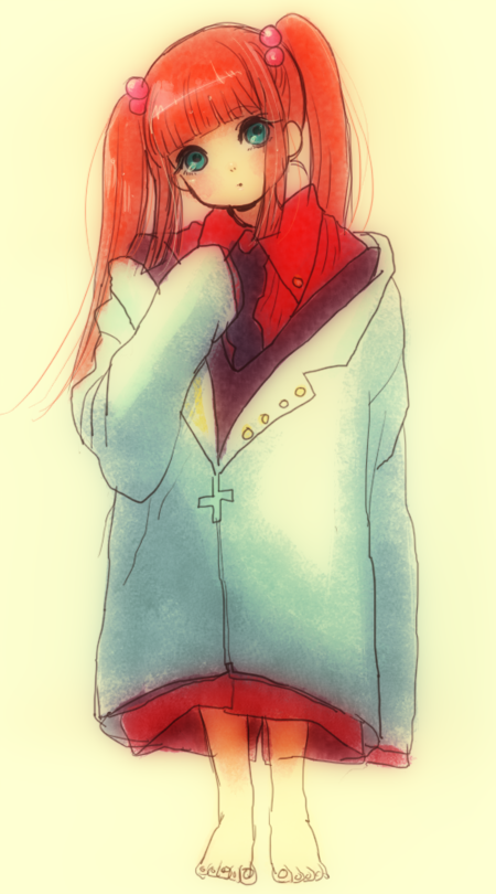 00s, barefoot, formal_clothes, hair_bobbles, hair_ornament, necktie, oversized_clothes, red_hair