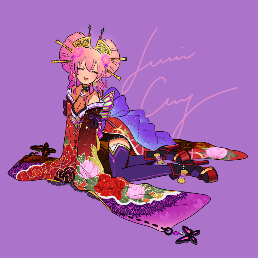 1girl, :p, breasts, butterfly_ornament, choker, cleavage, clothing_request, earrings