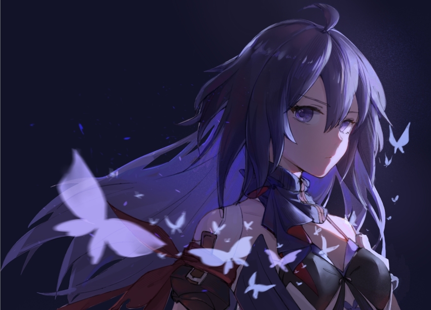 1girl, bare_shoulders, breasts, bug, butterfly, cleavage, closed_mouth, highres