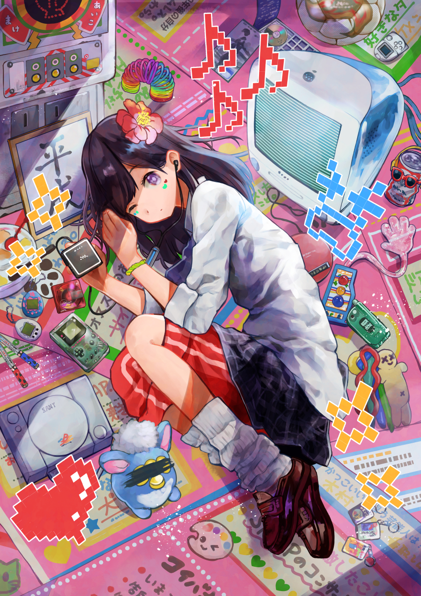 1990s_(style), 1girl, absurdly_detailed_composition, absurdres, apple_inc., ball, beer_can, black_hair