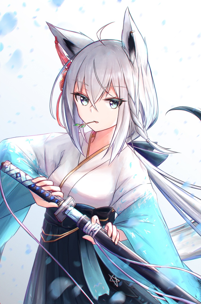 1girl, absurdres, ahoge, animal_ear_fluff, animal_ears, black_ribbon, blue_eyes, blue_hakama