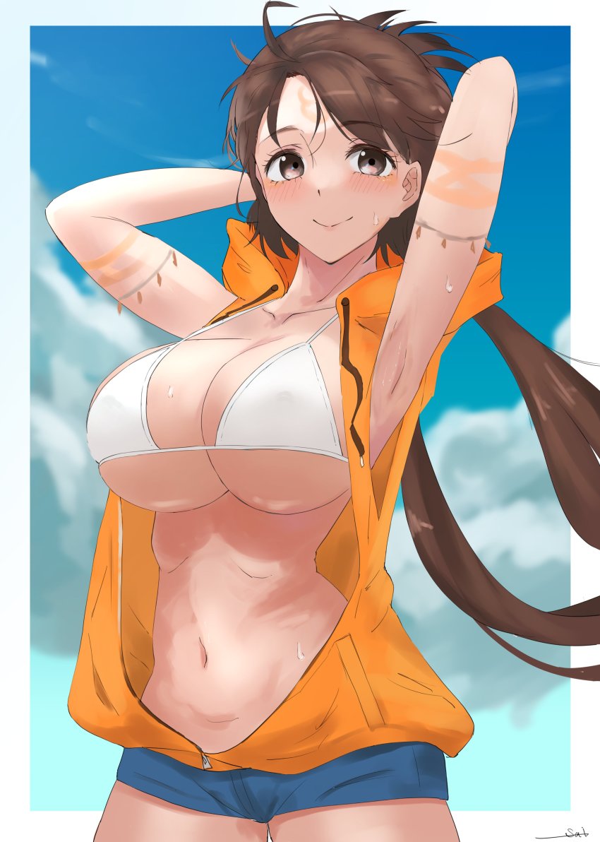 1girl, absurdres, armpits, arms_behind_head, arms_up, bare_shoulders, beads, bikini