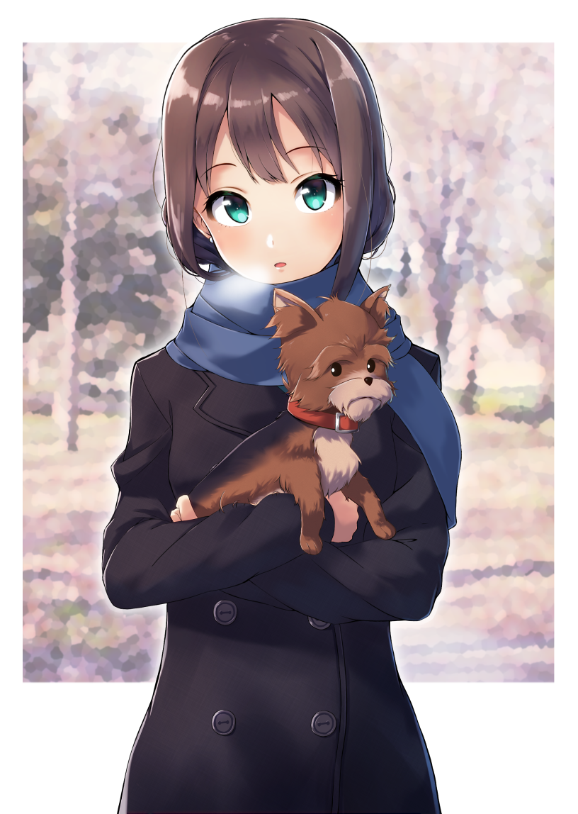 1girl, animal, azama-k, black_coat, blue_scarf, breath, brown_hair, coat, dog, earrings, enpera, green_eyes, hanako_(idolmaster), idolmaster, idolmaster_cinderella_girls, jewelry, long_hair, looking_at_viewer, scarf, shibuya_rin, winter