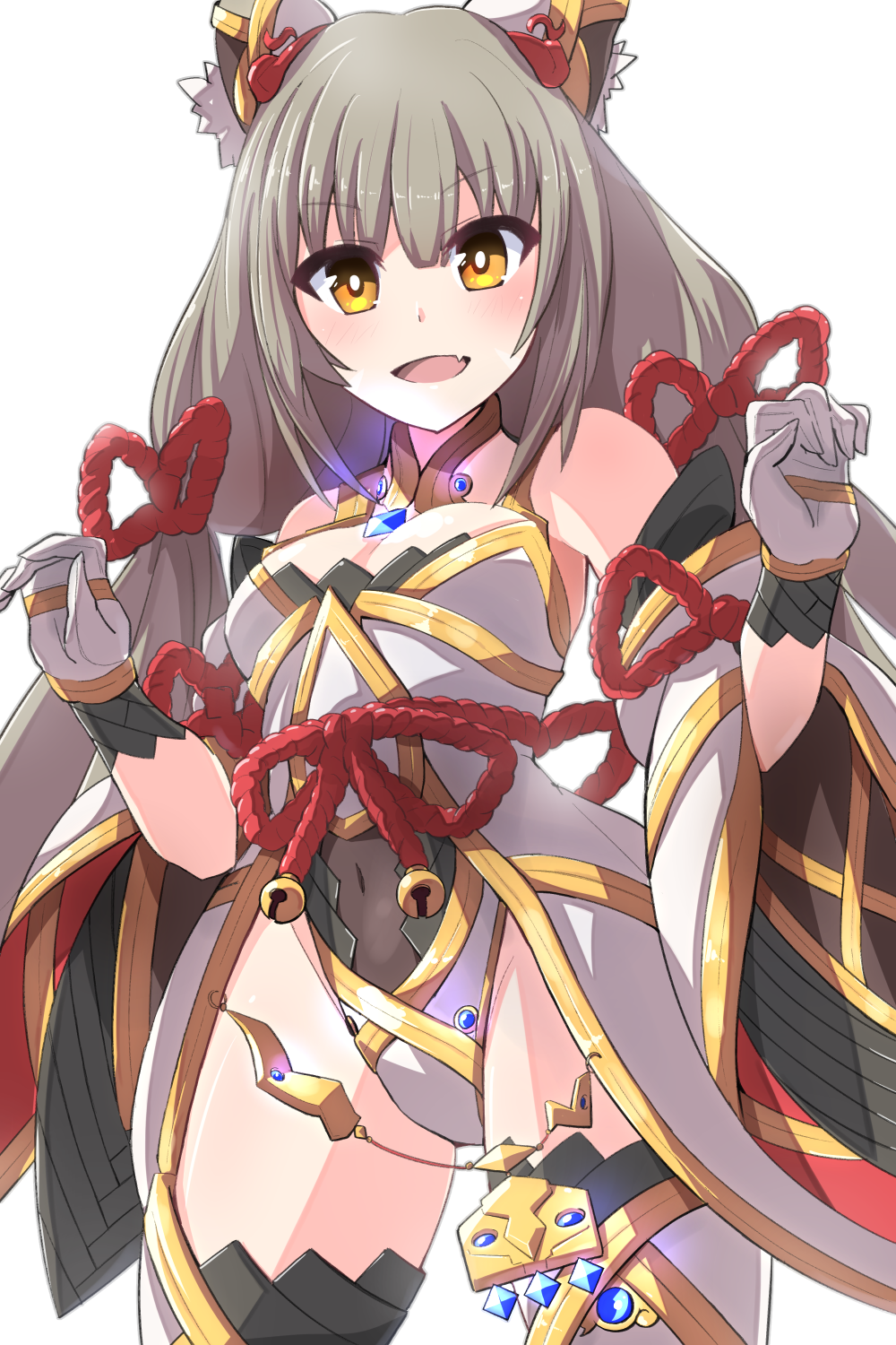 1girl, animal_ears, blunt_bangs, breasts, cat_ears, chest_jewel, cleavage, detached_sleeves