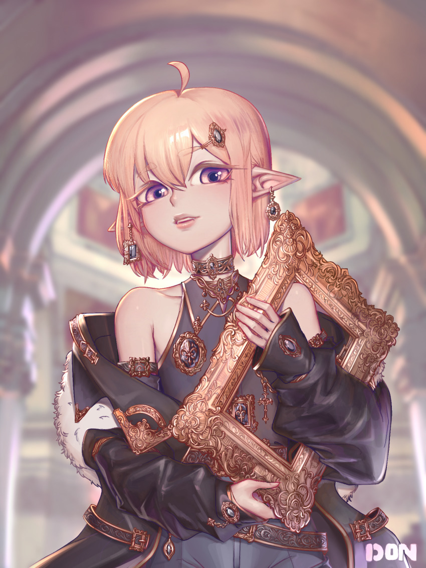 1boy, ahoge, artist_name, artist_request, bare_shoulders, black_jacket, black_shirt, blonde_hair