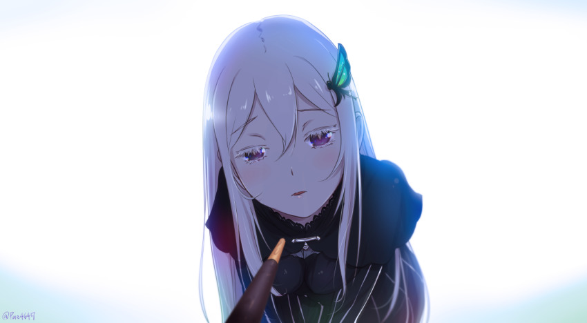 1girl, black_capelet, black_dress, breasts, butterfly_hair_ornament, capelet, dress, echidna_(re:zero), food, hair_ornament, long_hair, looking_at_viewer, medium_breasts, pocky, pocky_game, pocky_kiss, pov, pue_(tokoshiro_), purple_eyes, pursed_lips, re:zero_kara_hajimeru_isekai_seikatsu, shared_food, very_long_hair, white_hair