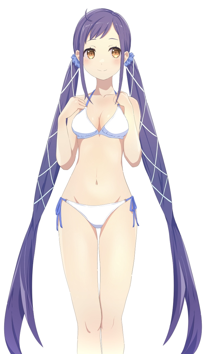 1girl, alternate_costume, alternate_hairstyle, bikini, breasts, hands_on_own_shoulders, highres, long_hair, looking_to_the_side, melty_pristis, na-suke, purple_hair, re:zero_kara_hajimeru_isekai_seikatsu, re:zero_kara_hajimeru_isekai_seikatsu_prophecy_of_the_throne, scrunchie, small_breasts, swimsuit, twintails, very_long_hair, yellow_eyes