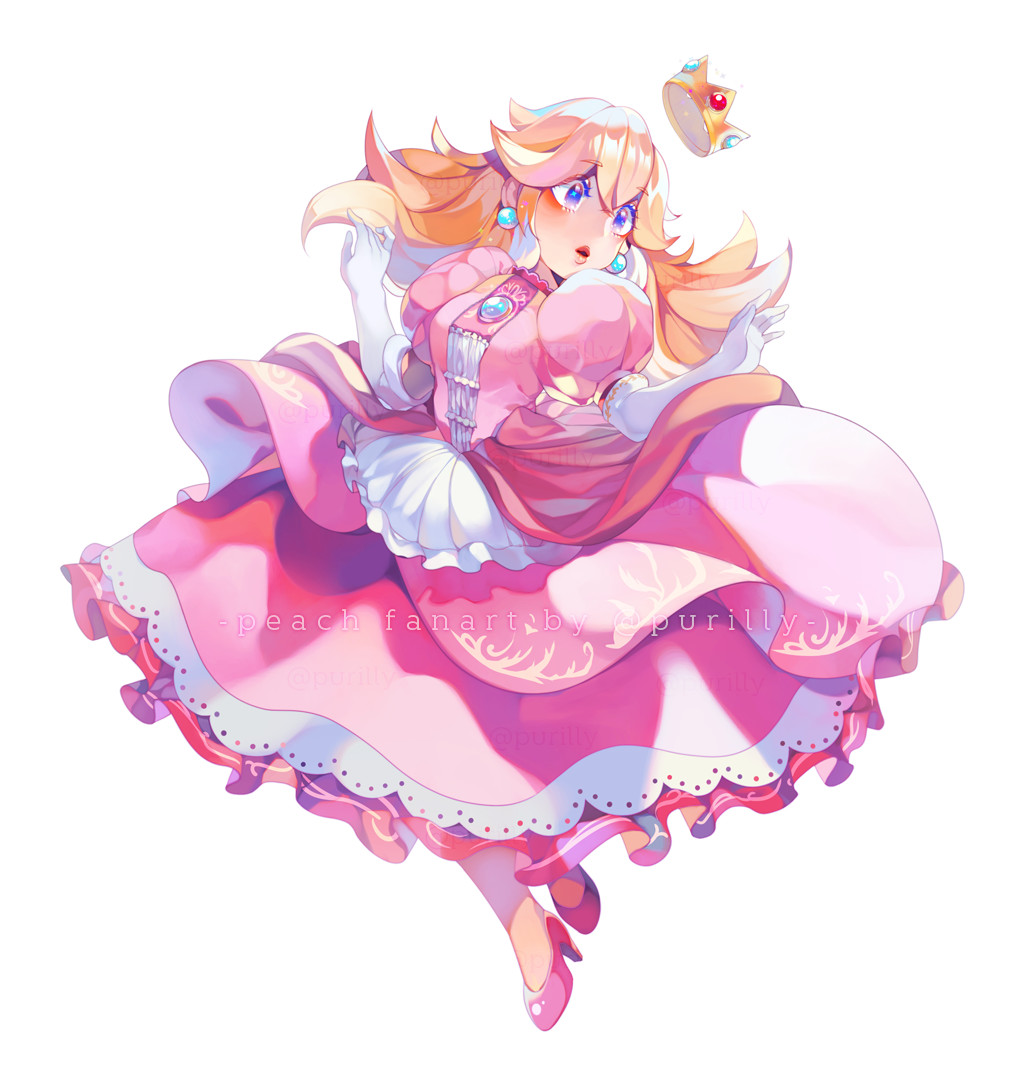 1girl, artist_name, blonde_hair, blue_eyes, breasts, brooch, crown, dress, earrings, elbow_gloves, eyelashes, floating_hair, full_body, gloves, hands_up, high_heels, jewelry, lips, long_hair, looking_to_the_side, mario_(series), nintendo, no_socks, open_hands, parted_lips, pink_dress, pink_footwear, princess, princess_peach, puffy_short_sleeves, puffy_sleeves, purii, short_sleeves, simple_background, small_breasts, solo, super_mario_bros._1, thick_eyebrows, unworn_crown, white_background, white_gloves