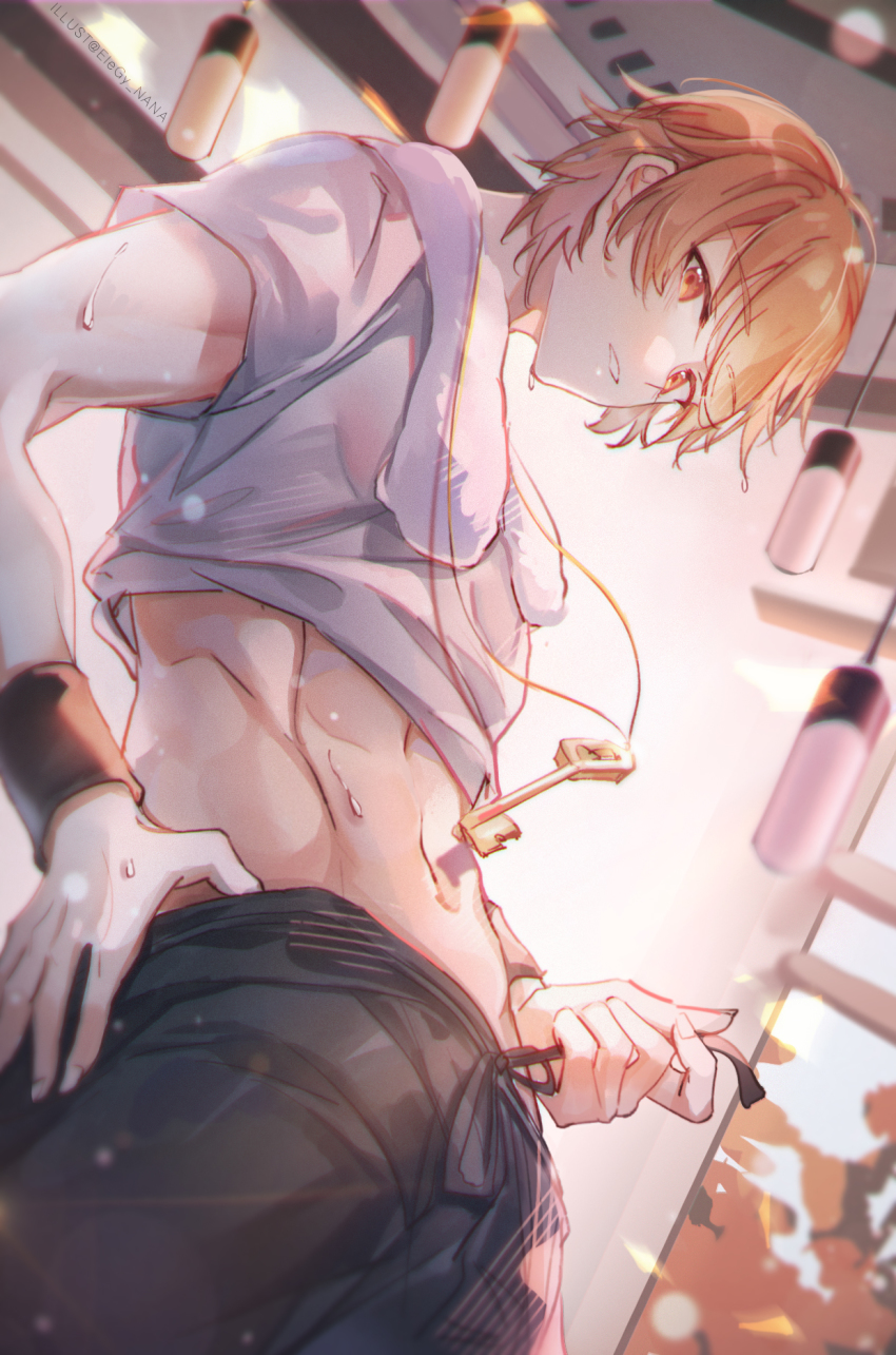 1boy, abs, black_pants, ceiling_light, highres, indoors, jewelry, key