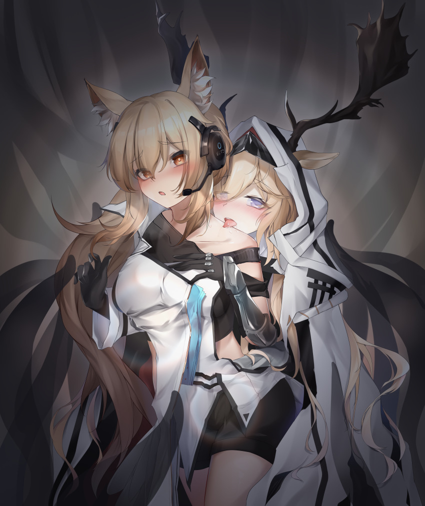 2girls, absurdres, animal_ear_fluff, animal_ears, antlers, horns_through_headwear, arknights, arm_guards