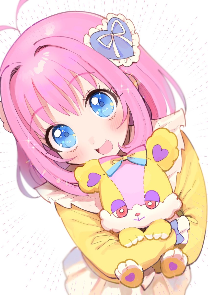 1girl, ahoge, amauri_miruki, blue_eyes, blush, hair_ornament, hanitan, hanitan_(bear)