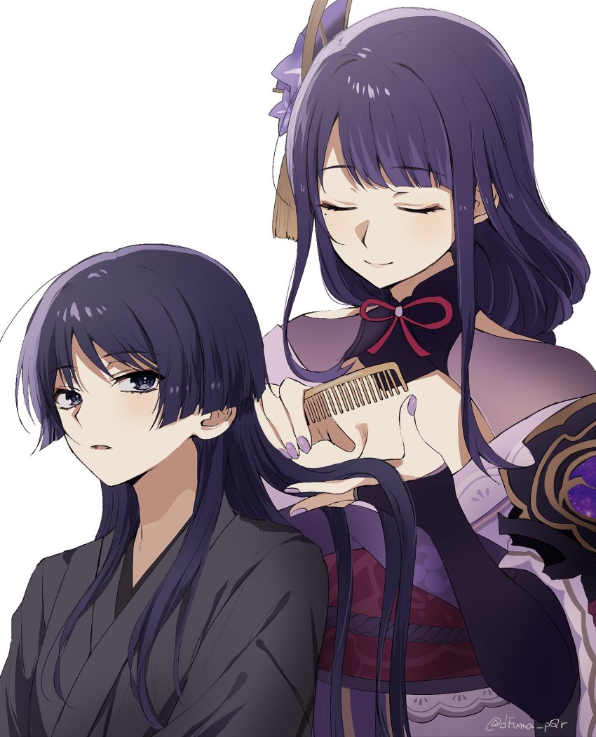 1boy, 1girl, alternate_hairstyle, blue_eyes, blunt_bangs, brushing_another's_hair, brushing_hair, closed_eyes, comb, commentary, dfuma_pqr, genshin_impact, grey_background, hair_ornament, highres, holding, holding_comb, japanese_clothes, kimono, long_hair, mole, mole_under_eye, nail_polish, obi, obijime, parted_lips, purple_hair, purple_kimono, purple_nails, raiden_shogun, sash, scaramouche_(genshin_impact), simple_background, smile, twitter_username, upper_body, yukata