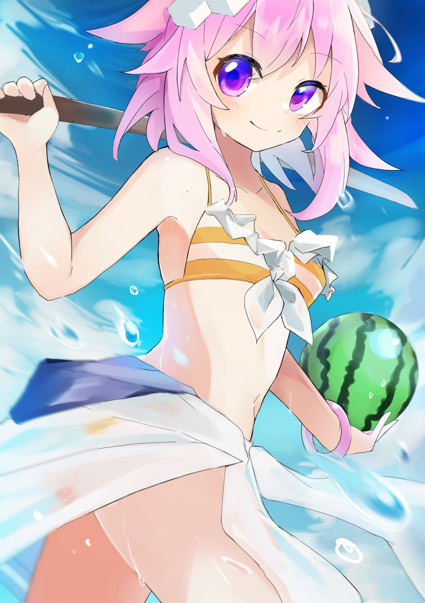1girl, absurdres, bare_shoulders, beach, bikini, breasts, cleavage, closed_mouth, cloud, dripping, food, fruit, hair_ornament, hairclip, highres, navel, neptune_(neptunia), neptune_(series), ocean, outdoors, purple_eyes, purple_hair, rock, shibumenigai, short_hair, sky, small_breasts, smile, sunlight, swimsuit, water, watermelon, wet
